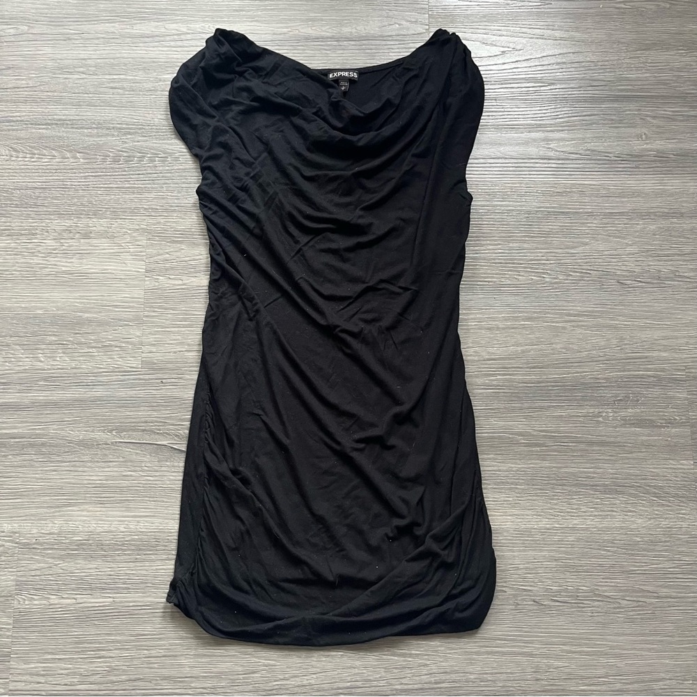 Express Off Shoulder Cowl Black Mini Shirt Dress